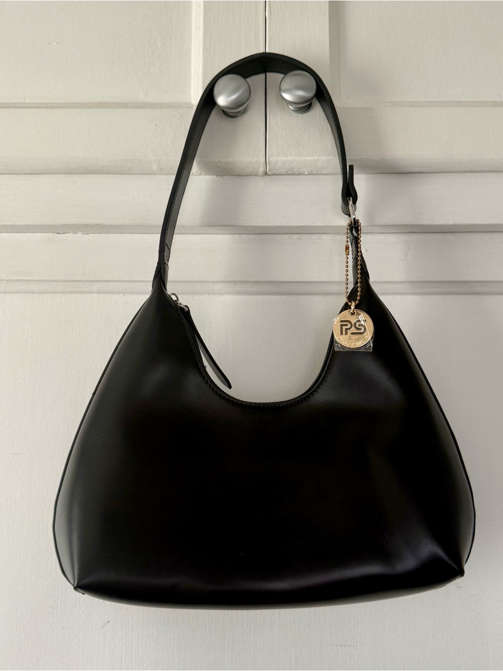 Elegant Black Shoulder Hobo Bag with Gold Charm